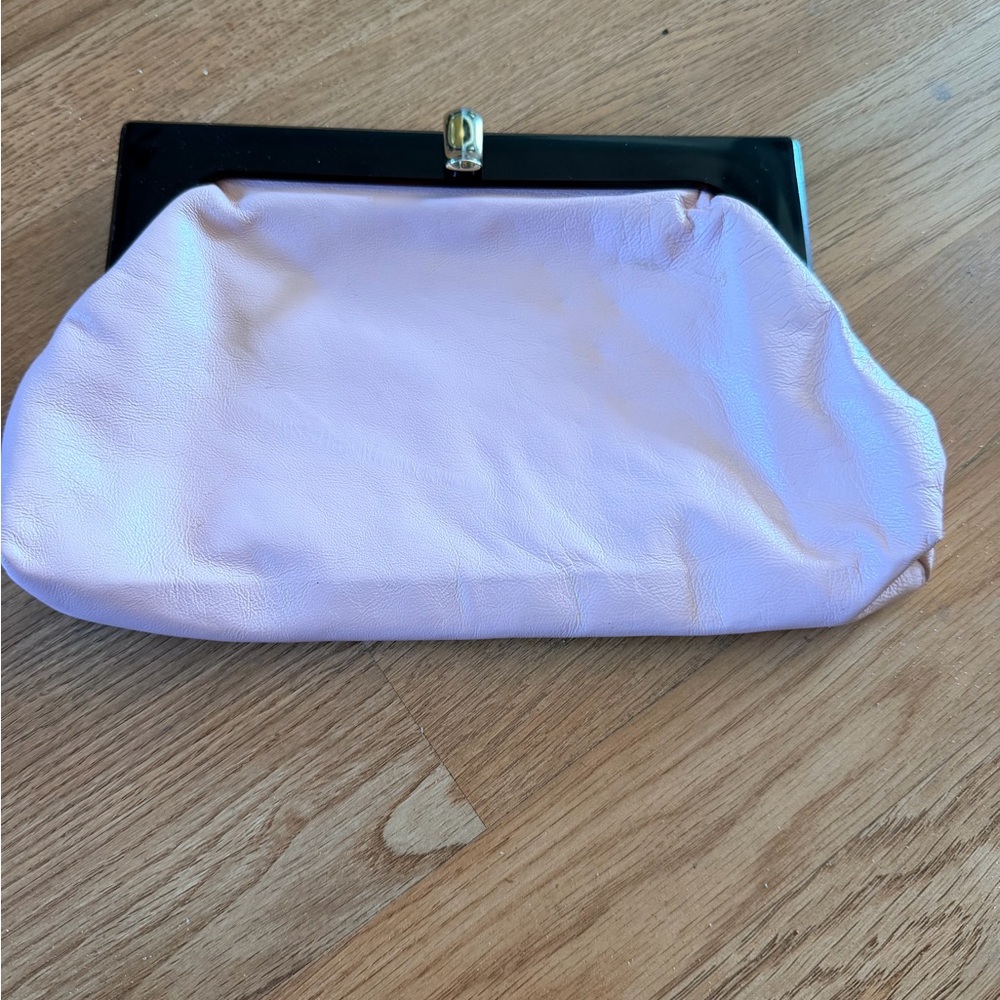 Vintage Italian Leather Pink Clutch Bag with a dark amber lucite trim